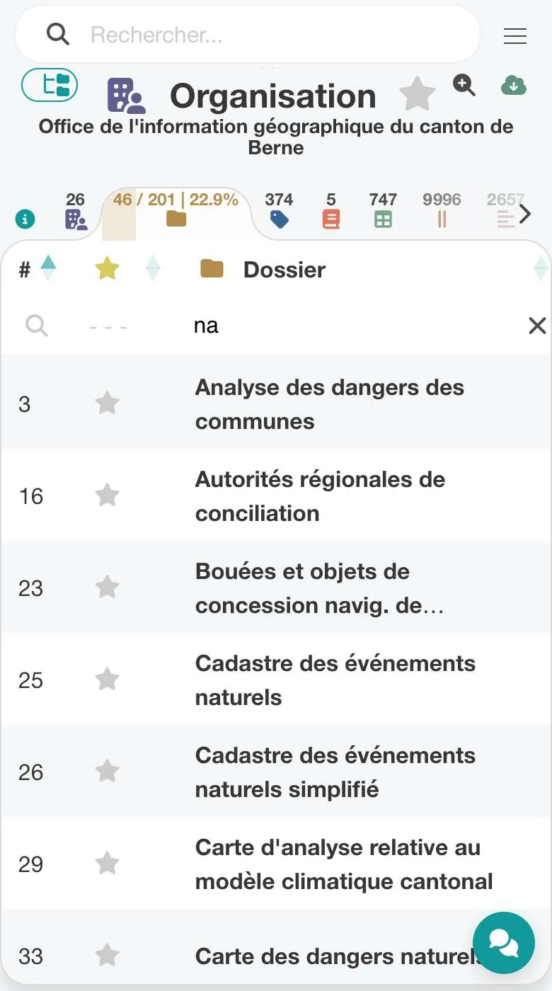 Page organisation sur mobile – onglet dossier