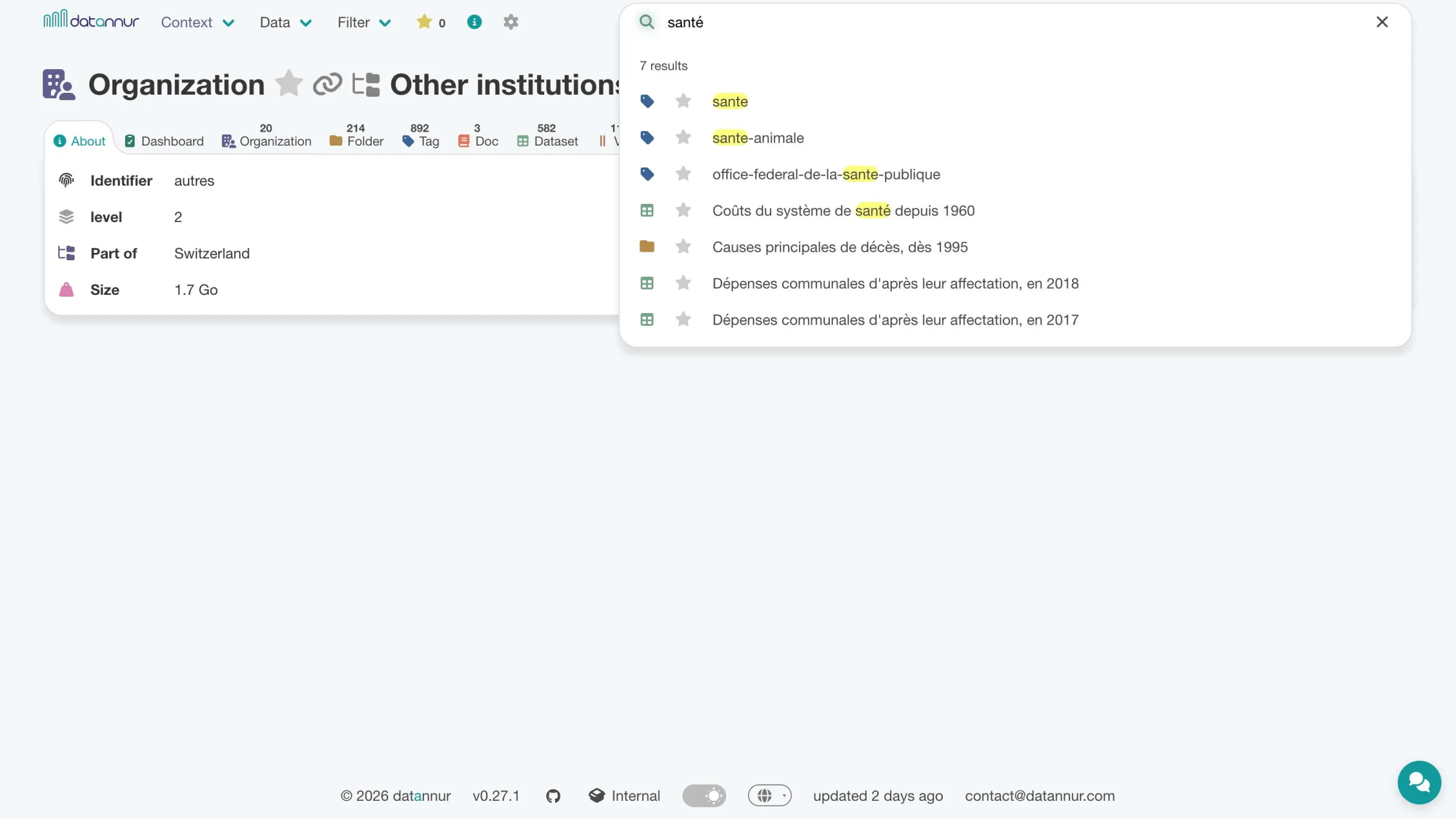 Organisationsseite mit aktiver Suchleiste