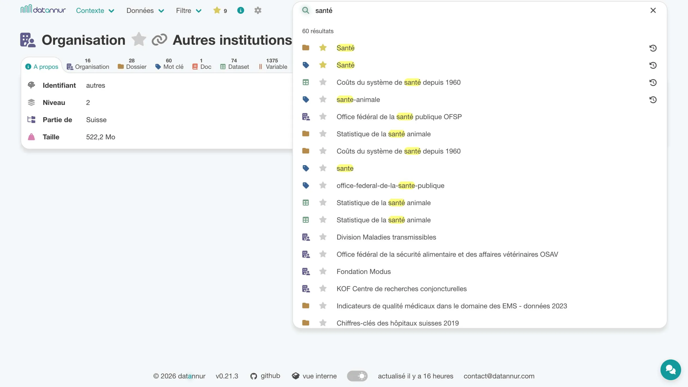 Page organisation avec barre de recherche active