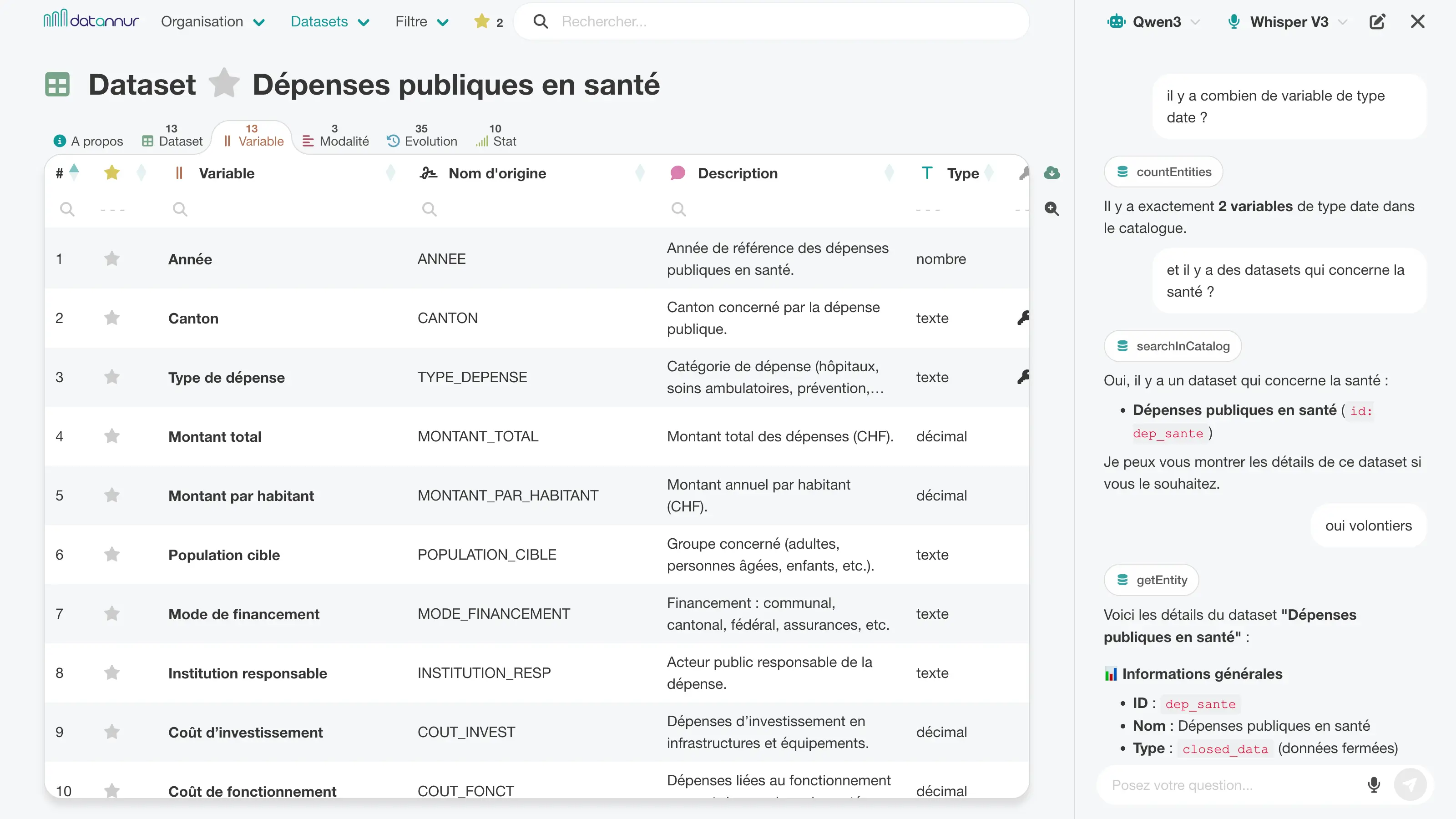 Page dataset avec l’assistant IA ouvert